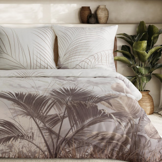 Obliečky 220x200 cm saténové bavlnené s motívom palmových listov, krémové a béžové