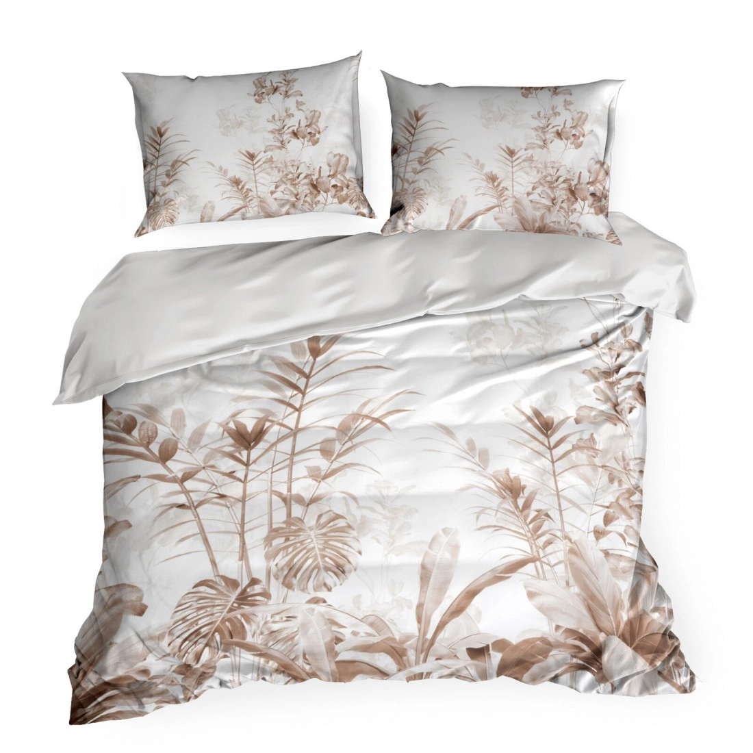 Saténové povlečení 220x200 cm s motivem listů, bílé a hnědé