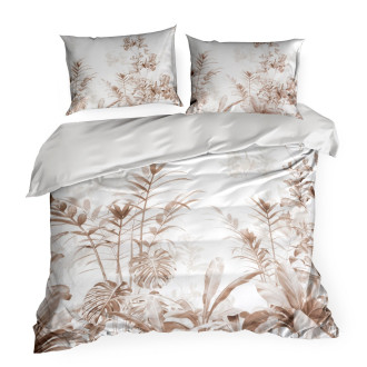 Obliečky 220x200 cm saténové s motívom listov, biele a hnedé