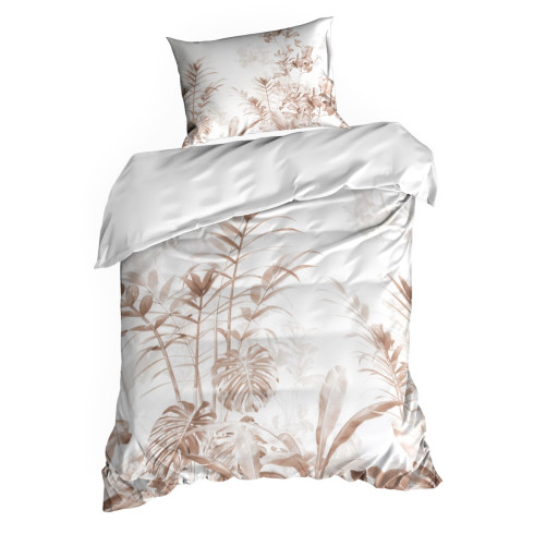 Obliečky 220x200 cm saténové s motívom listov, biele a hnedé