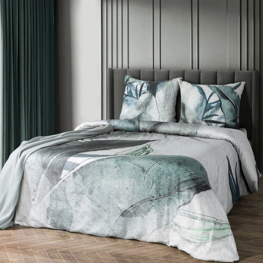 Saténové povlečení 220x200 cm s rostlinným vzorem, světle šedé a mentolové