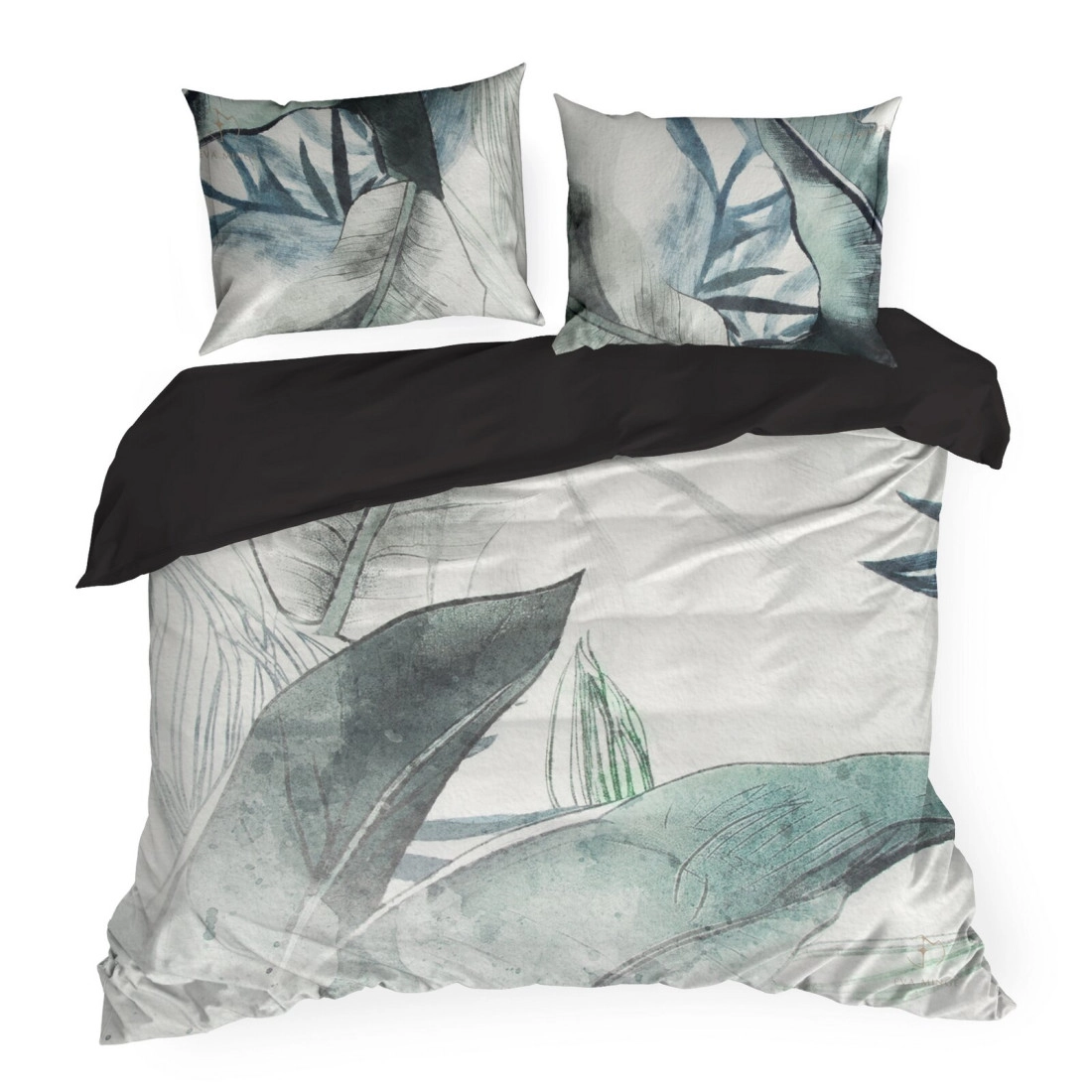 Saténové povlečení 220x200 cm s rostlinným vzorem, světle šedé a mentolové