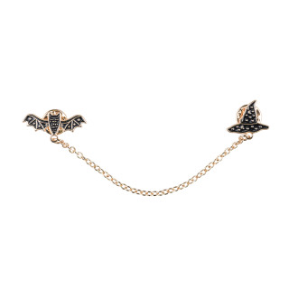 Ozdobná brošňa na golier Netopier a čarodejnícky klobúk, čierna so zlatou, 13,5 cm