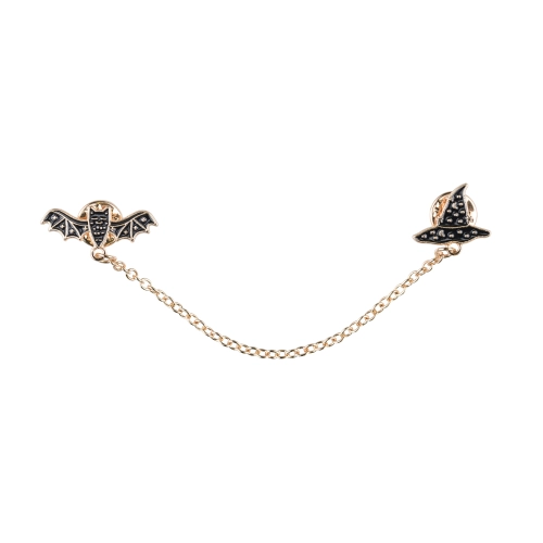 Brož na límeček s řetízkem – netopýr a čarodějnický klobouk, černá/zlatá