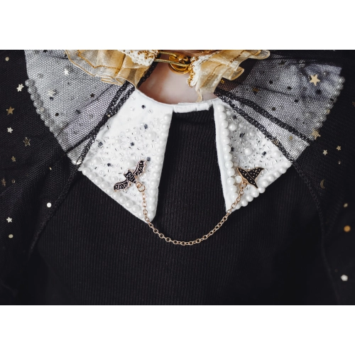 Broșă decorativă pentru guler, Liliac și Pălărie de vrăjitoare, negru cu auriu, 13,5 cm