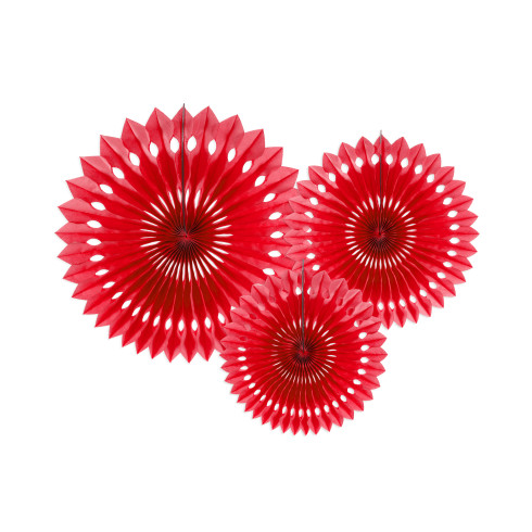 Papír dekorációs rozetták, piros, 3 db, 20–30 cm