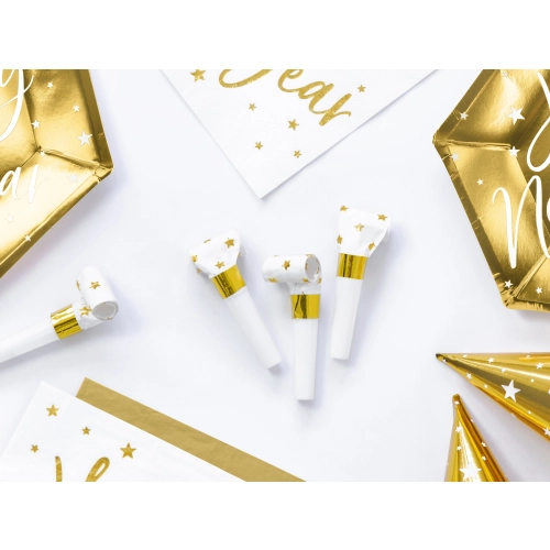 Trâmbițe de petrecere din hârtie, albe cu stele aurii, 6 buc.