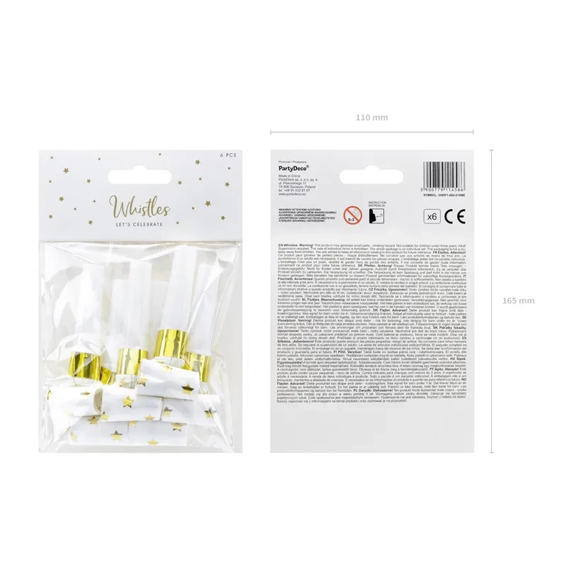 Papirnate zabavne trobente bele z zlatimi zvezdami, 6 kos