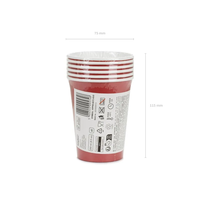 Sötétpiros papír pohár 250 ml – 6 darabos készlet