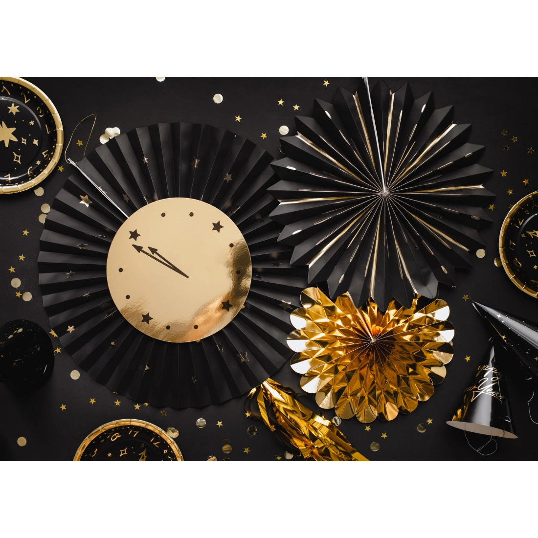 Papirnate stenske rozete v črni in zlati barvi, set 3 kosov, 26–43 cm