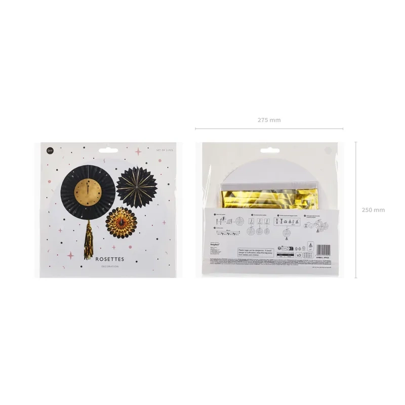 Papirnate stenske rozete v črni in zlati barvi, set 3 kosov, 26–43 cm