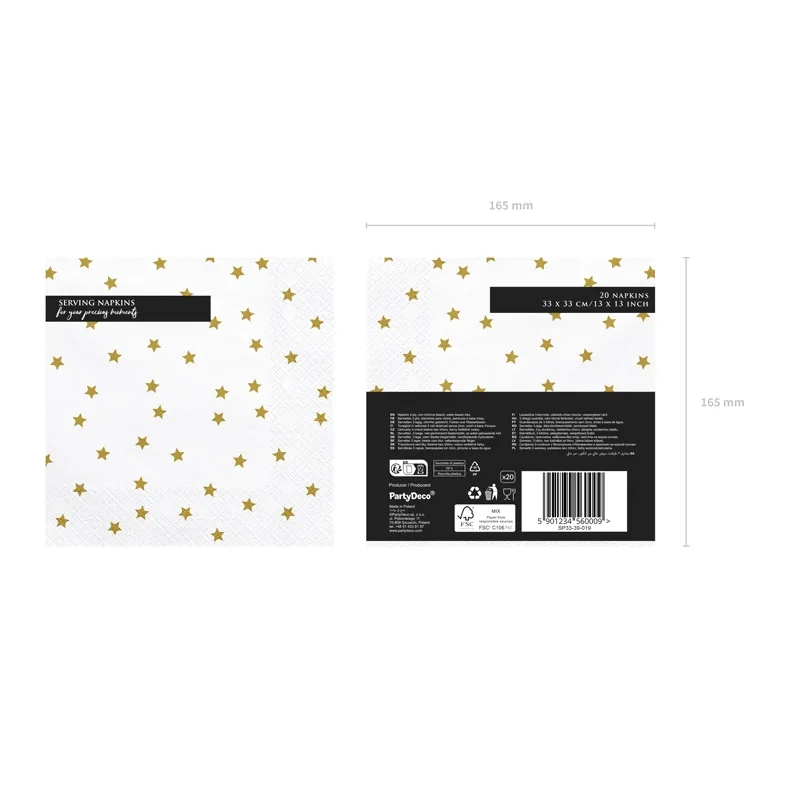 Papirnati prtički beli z zlatimi zvezdami 33 x 33 cm – 20 kos