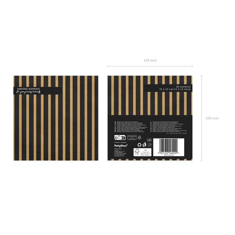 Papirnati prtički črni z zlatimi črtami 33 x 33 cm – 20 kos