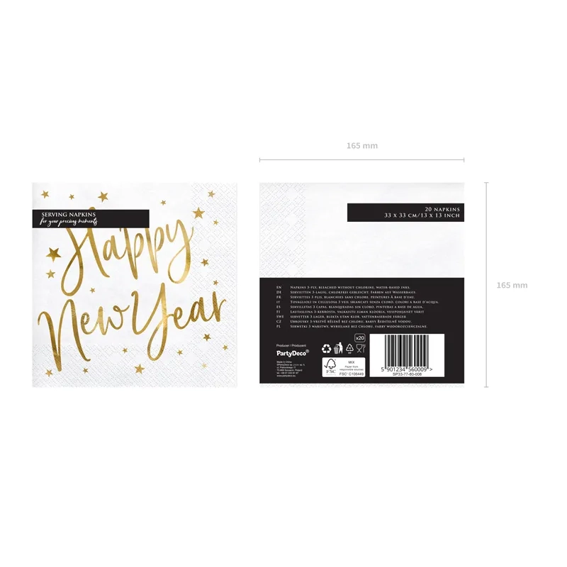 Papirnati prtički Happy New Year beli z zlatimi zvezdicami 33 x 33 cm