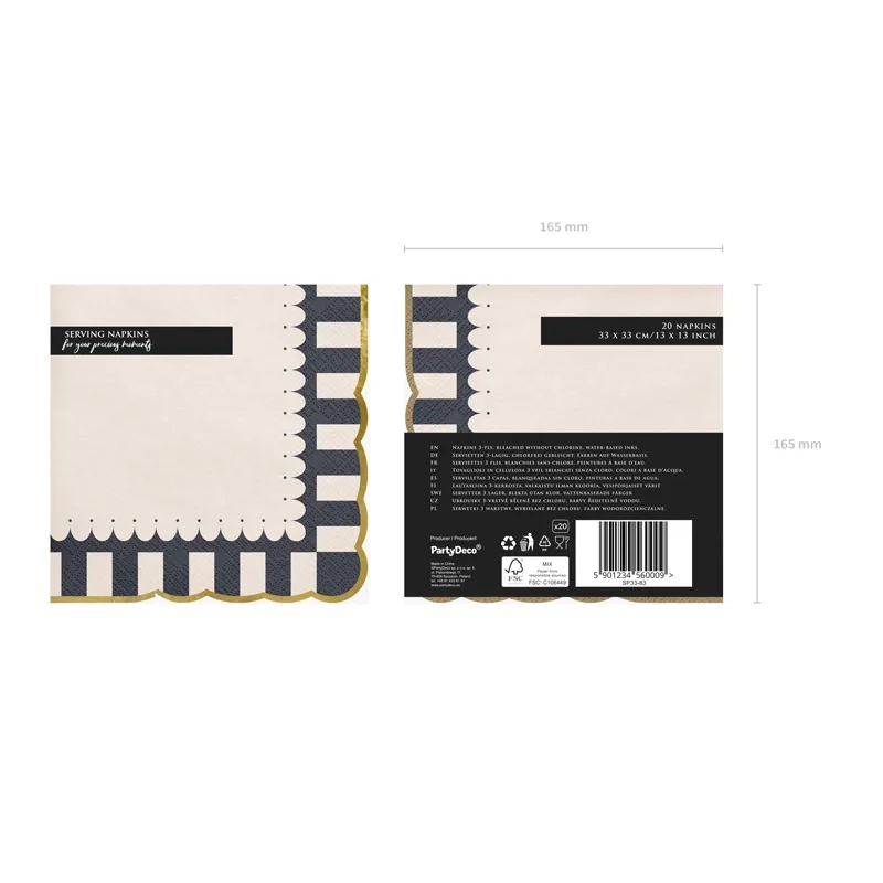 Șervețele din hârtie cu margine negru-aurie 33x33 cm, 12 buc.