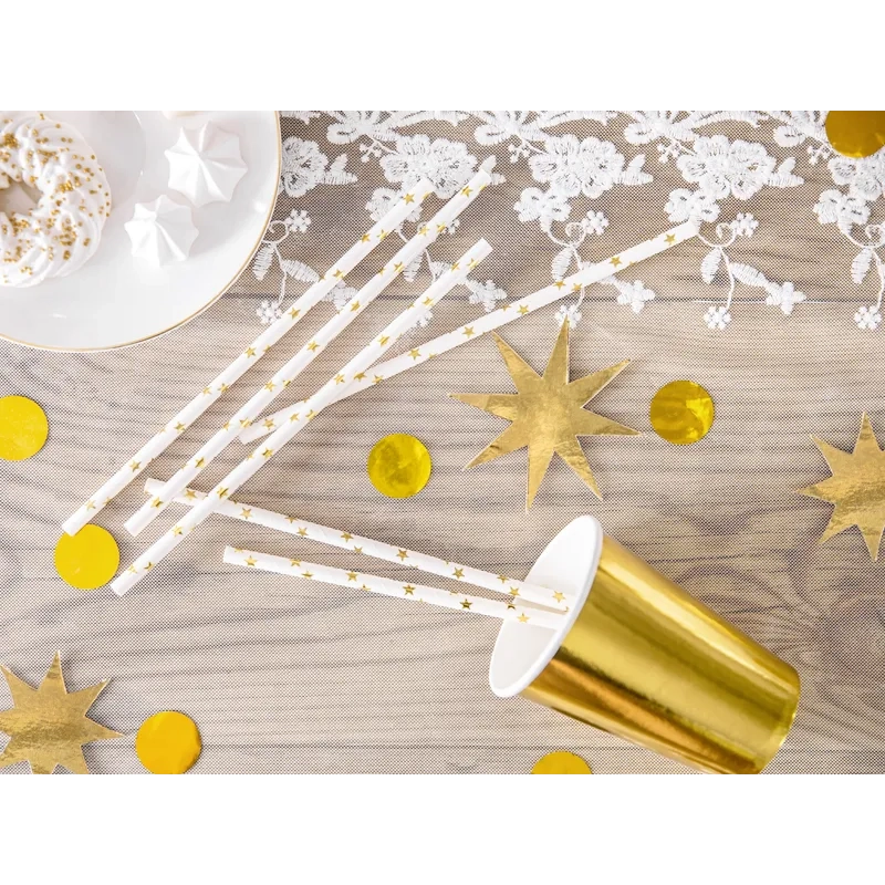 Papirnate slamice bele z zlatimi zvezdicami 19,5 cm – 10 kos