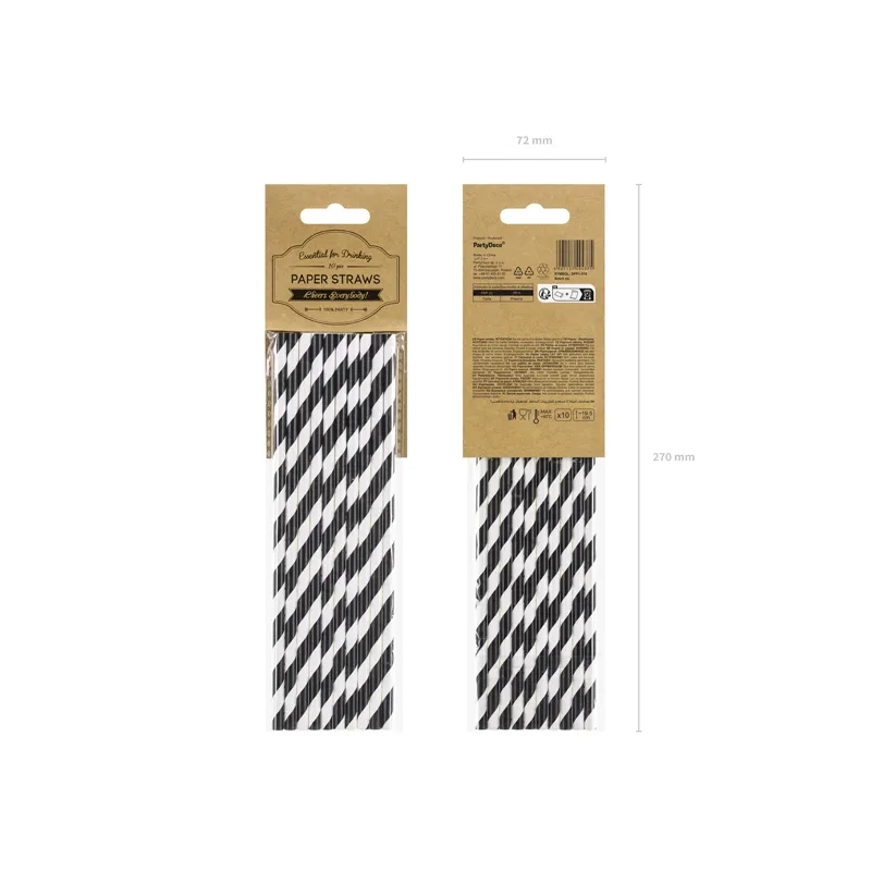 Papír szívószálak fekete-fehér csíkos, 19,5 cm – 10 darabos csomag
