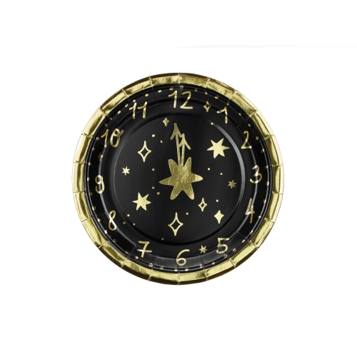 Farfurii de hârtie negre cu motiv auriu de ceas, 18 cm, 6 buc.