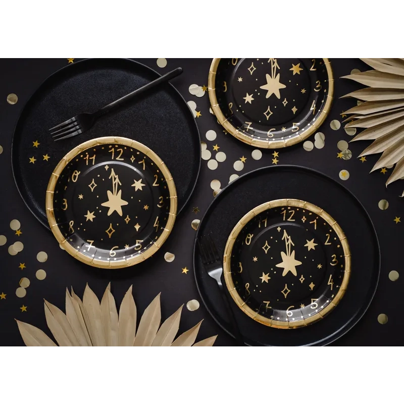 Papirnati krožniki Črne ure z zlatim motivom 18 cm, 6 kos
