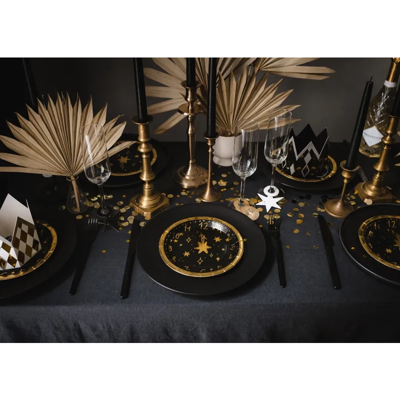 Papirnati krožniki Črne ure z zlatim motivom 18 cm, 6 kos