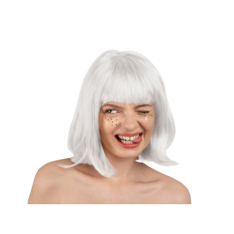 Bílá paruka Kleopatra, středně dlouhé rovné vlasy s ofinou