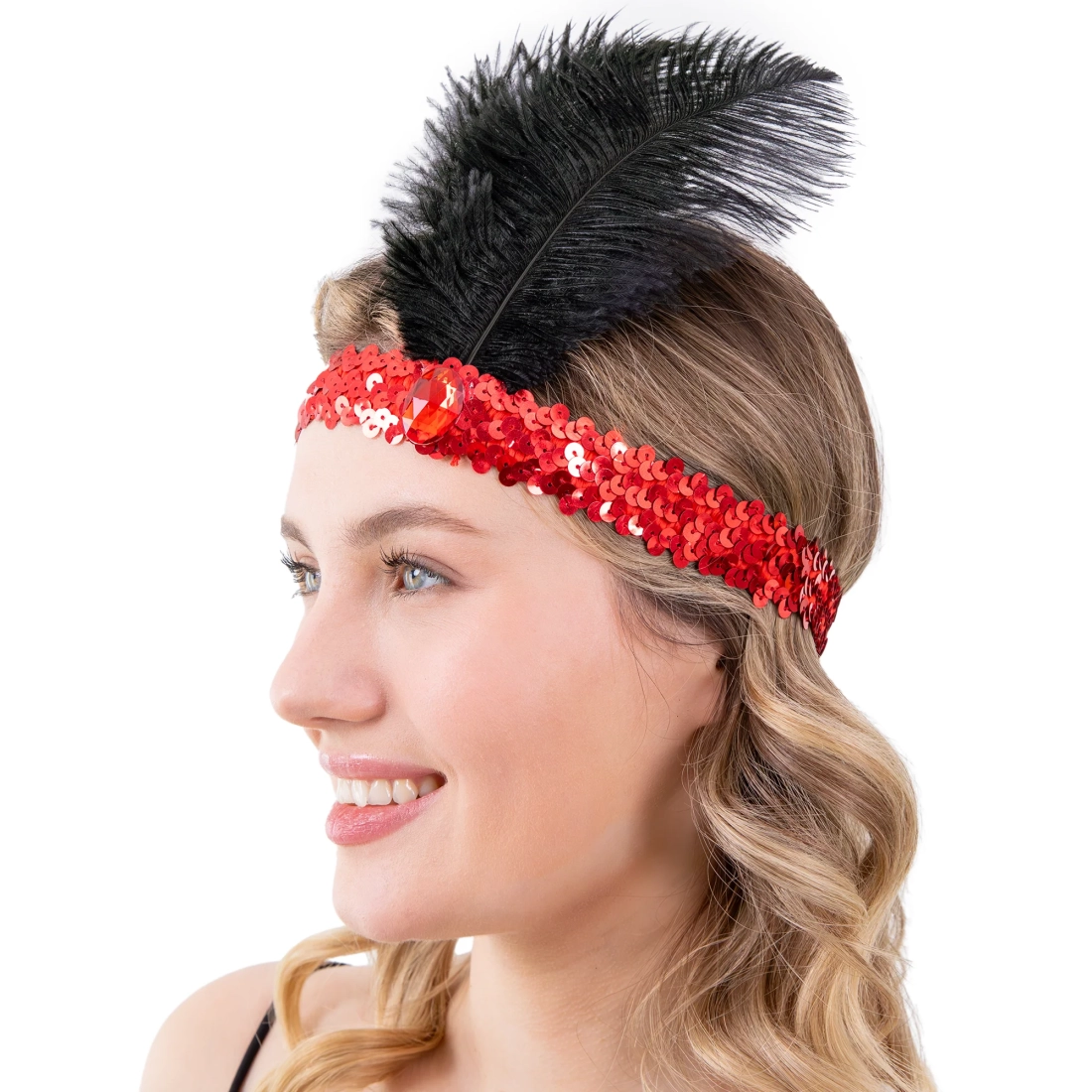 Party traka za kosu 20-ih s fliterima i perjem crvena