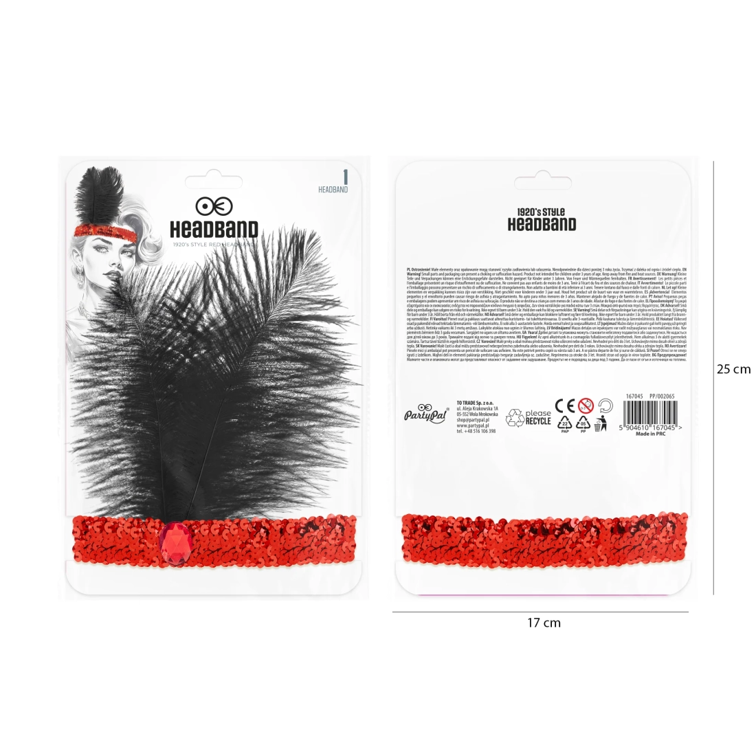 Party traka za kosu 20-ih s fliterima i perjem crvena