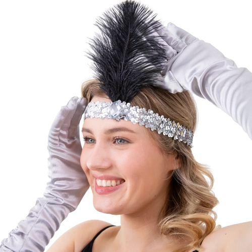 Bentiță de petrecere cu paiete și pene, anii ’20, argintie