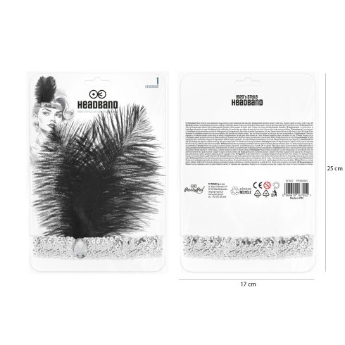 Party naglavni trak z bleščicami in perjem, 20. leta, srebrn