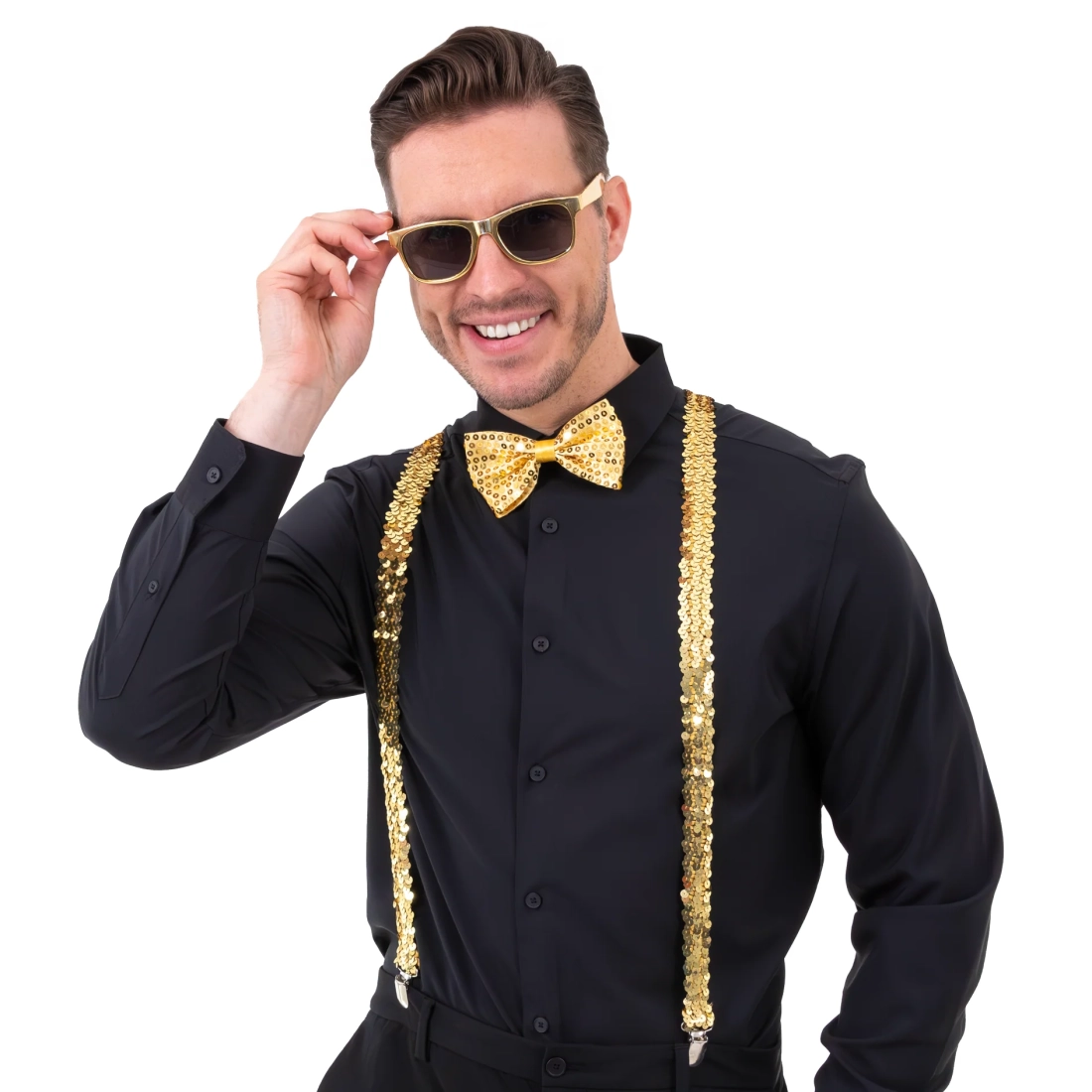 Party szett szemüveggel, csokornyakkendővel és flitteres arany nadrágtartóval