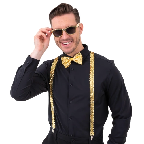 Party szett szemüveggel, csokornyakkendővel és flitteres arany nadrágtartóval