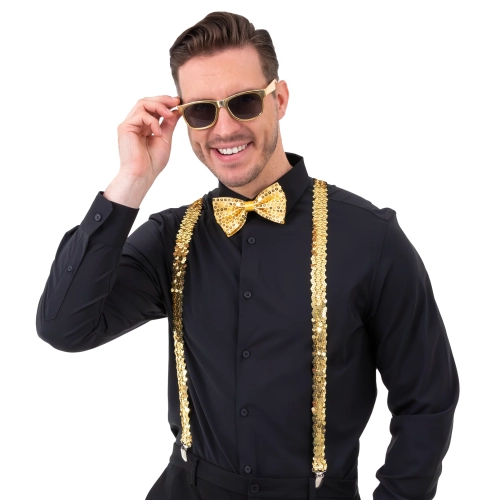 Party set naočale, leptir-mašna i tregeri sa zlatnim šljokicama