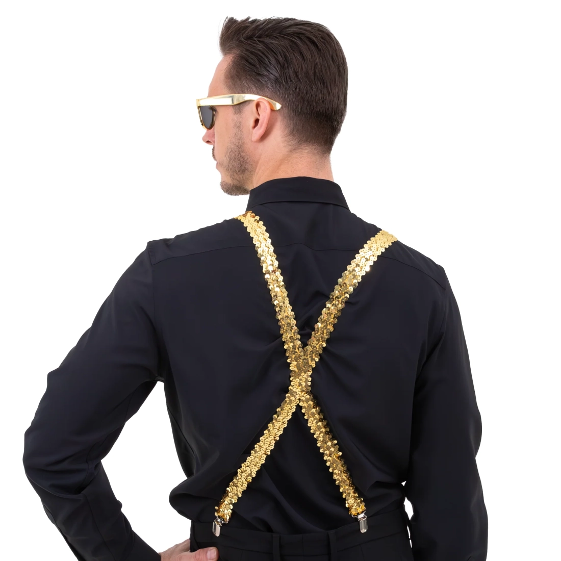 Party szett szemüveggel, csokornyakkendővel és flitteres arany nadrágtartóval