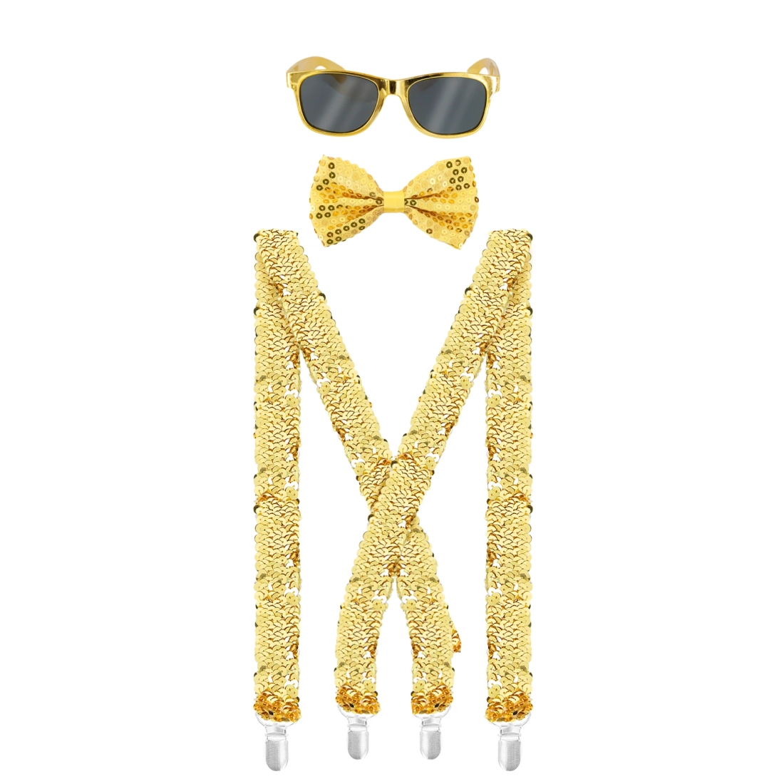 Party szett szemüveggel, csokornyakkendővel és flitteres arany nadrágtartóval