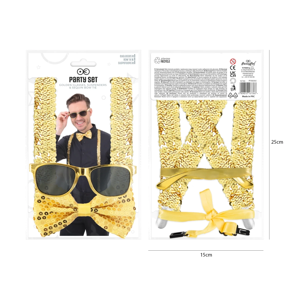 Party szett szemüveggel, csokornyakkendővel és flitteres arany nadrágtartóval