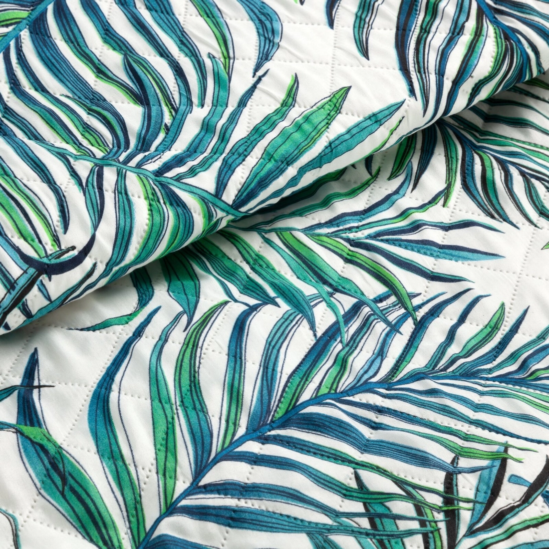 Prehoz 200x220 cm mikrovláknový s motívom listov, biely a modrý