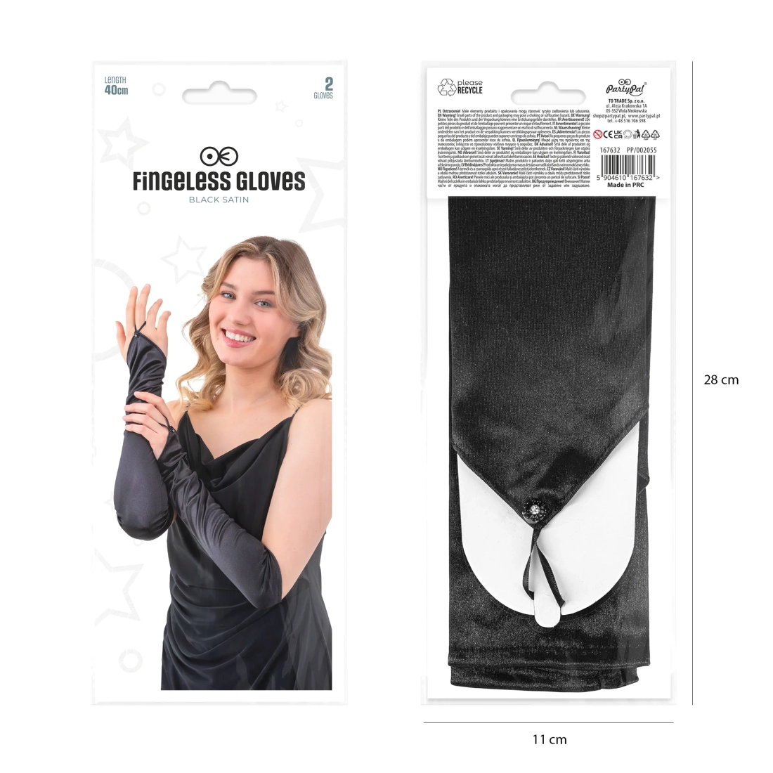 Szatén fekete, strasszos partykesztyű, 40 cm