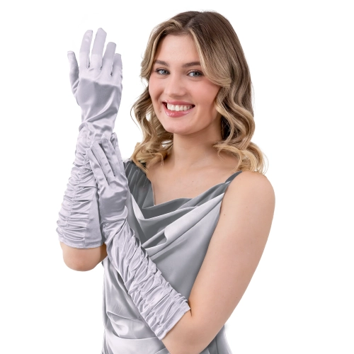 Saténové rukavice na párty strieborné 42 cm