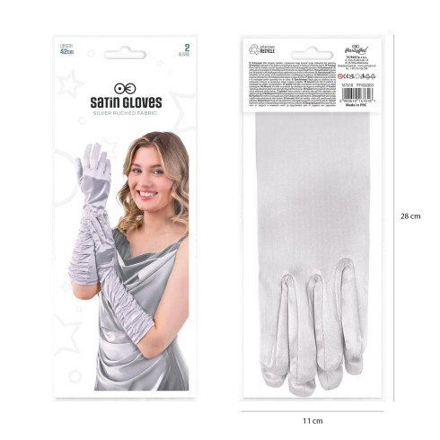 Szatén parti kesztyű, ezüst, 42 cm