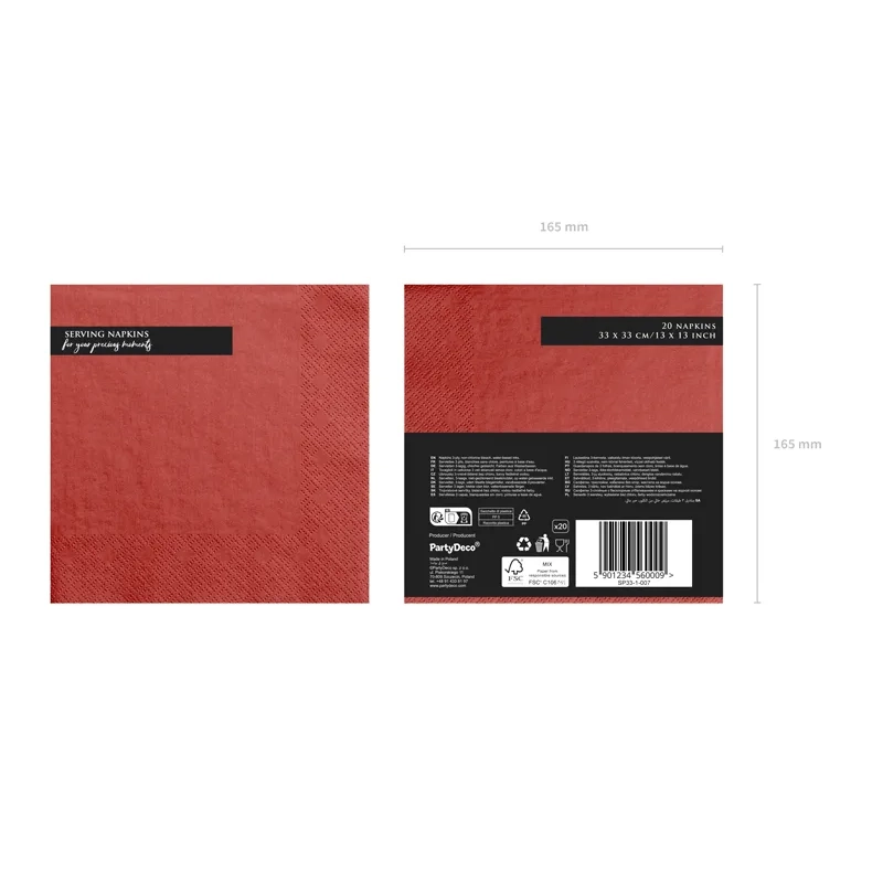 Piros szalvéták, 3 rétegű, 33x33 cm – 20 db/csomag