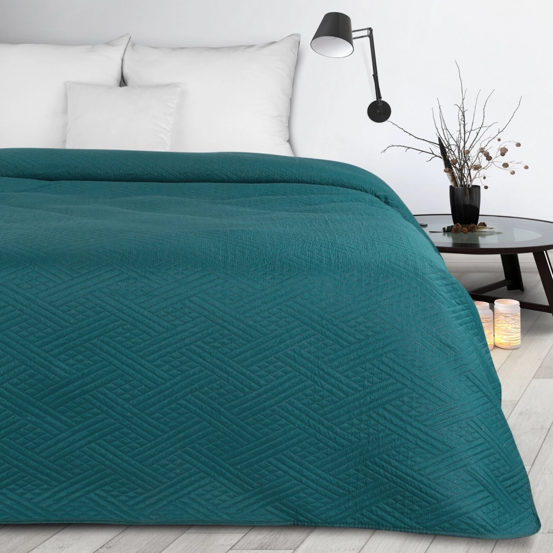 Set prehoz a obliečky 200x220 cm mikrovláknové s geometrickým vzorom, tmavotyrkysové