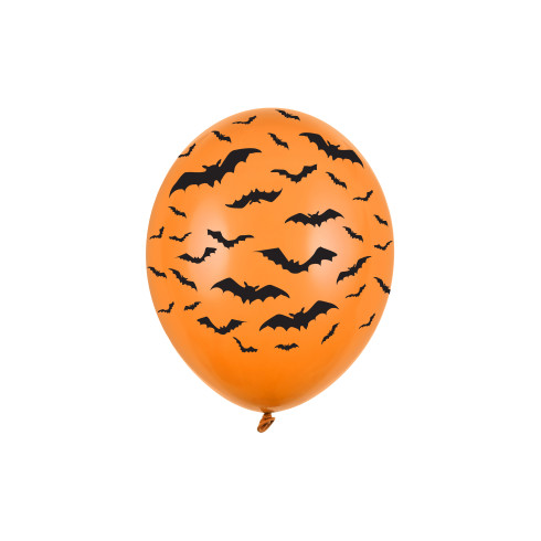 Erős narancssárga lufik denevérekkel 30 cm – Halloween dekoráció, 6 db Erős narancssárga lufik denevérekkel 30 cm – Halloween dekoráció, 6 db