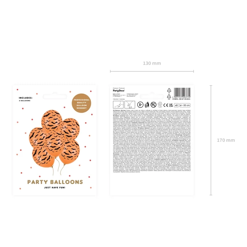 Baloane portocalii rezistente cu lilieci 30 cm – decorațiune de Halloween, 6 buc.