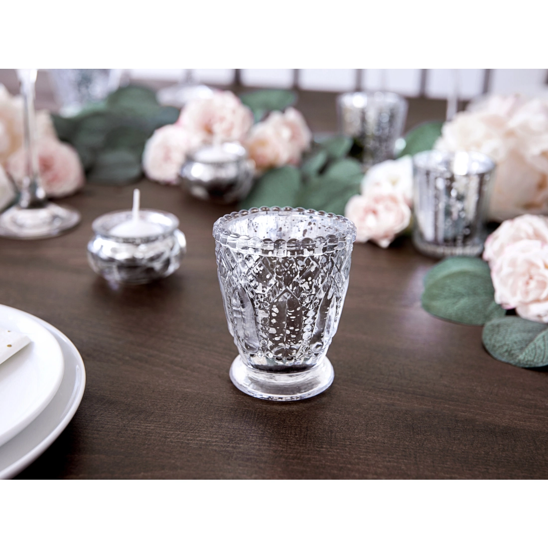 Stekleni svečnik srebrn 8 cm – set 4 kosov