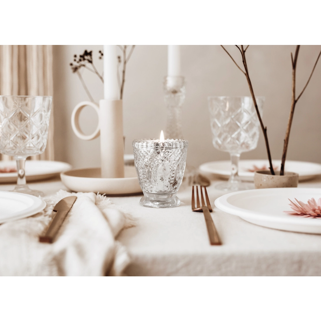 Stekleni svečnik srebrn 8 cm – set 4 kosov