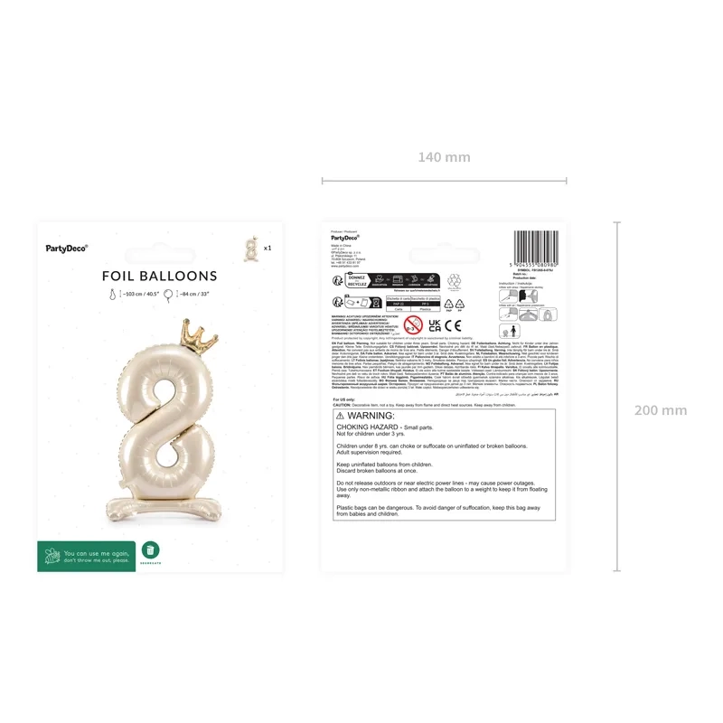 Balon din folie autoportant, cifra 8, crem, cu coroană aurie, 84 cm