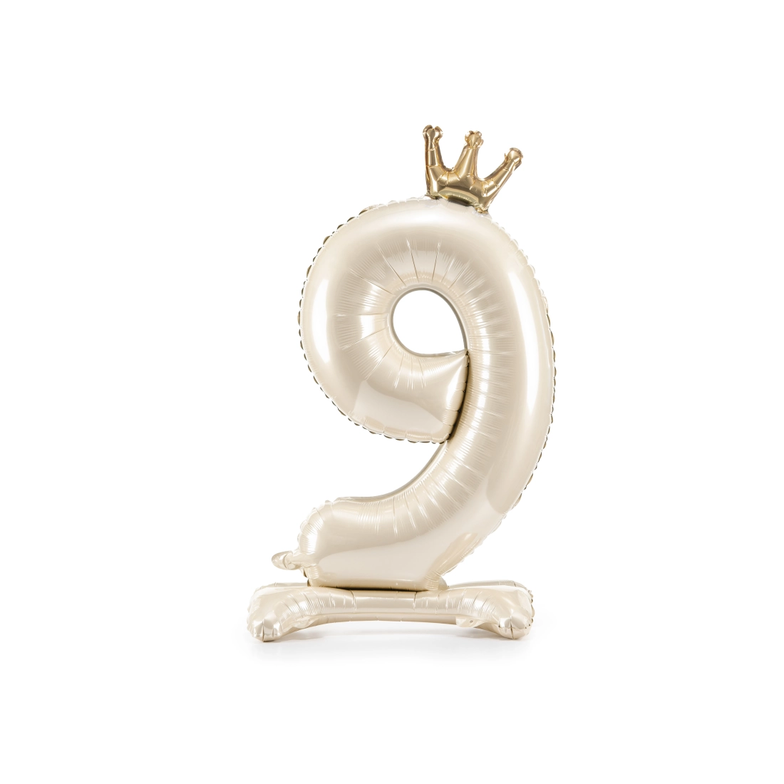 Balon din folie autoportant, cifra 9, crem, cu coroană aurie, 84 cm