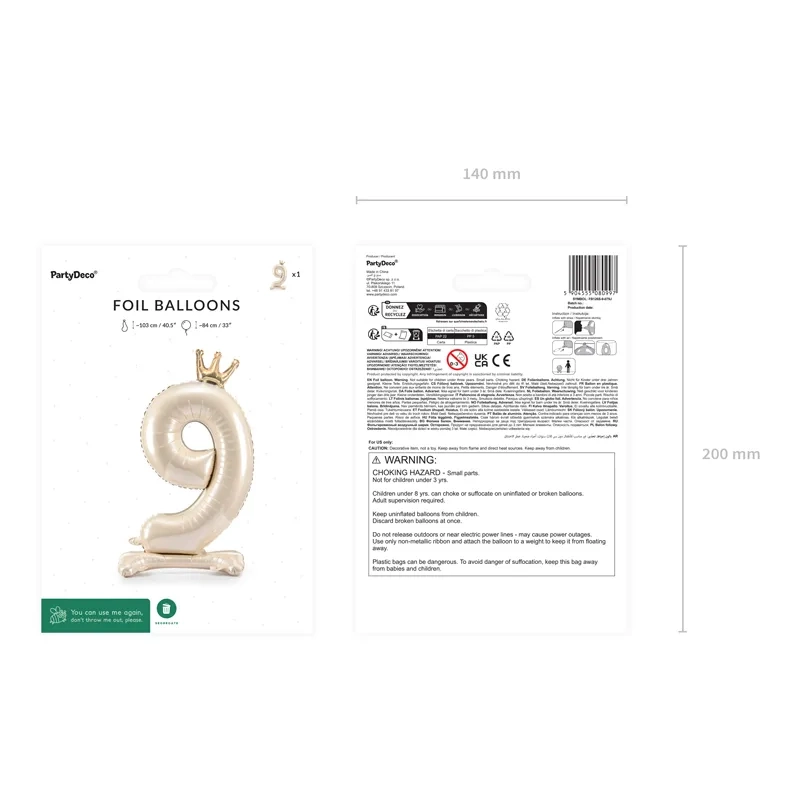 Balon din folie autoportant, cifra 9, crem, cu coroană aurie, 84 cm
