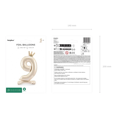 Stoječi folija balon številka 9 s krono, 84 cm, svetlo krem