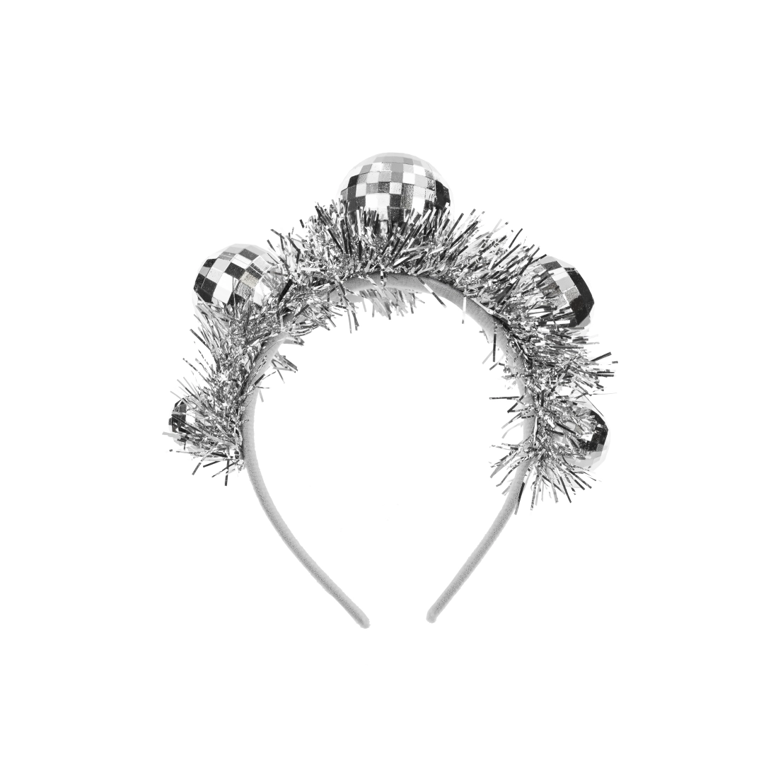 Srebrni trak za lase z disko kroglami 17,5 cm – zabavni dodatek za zabave